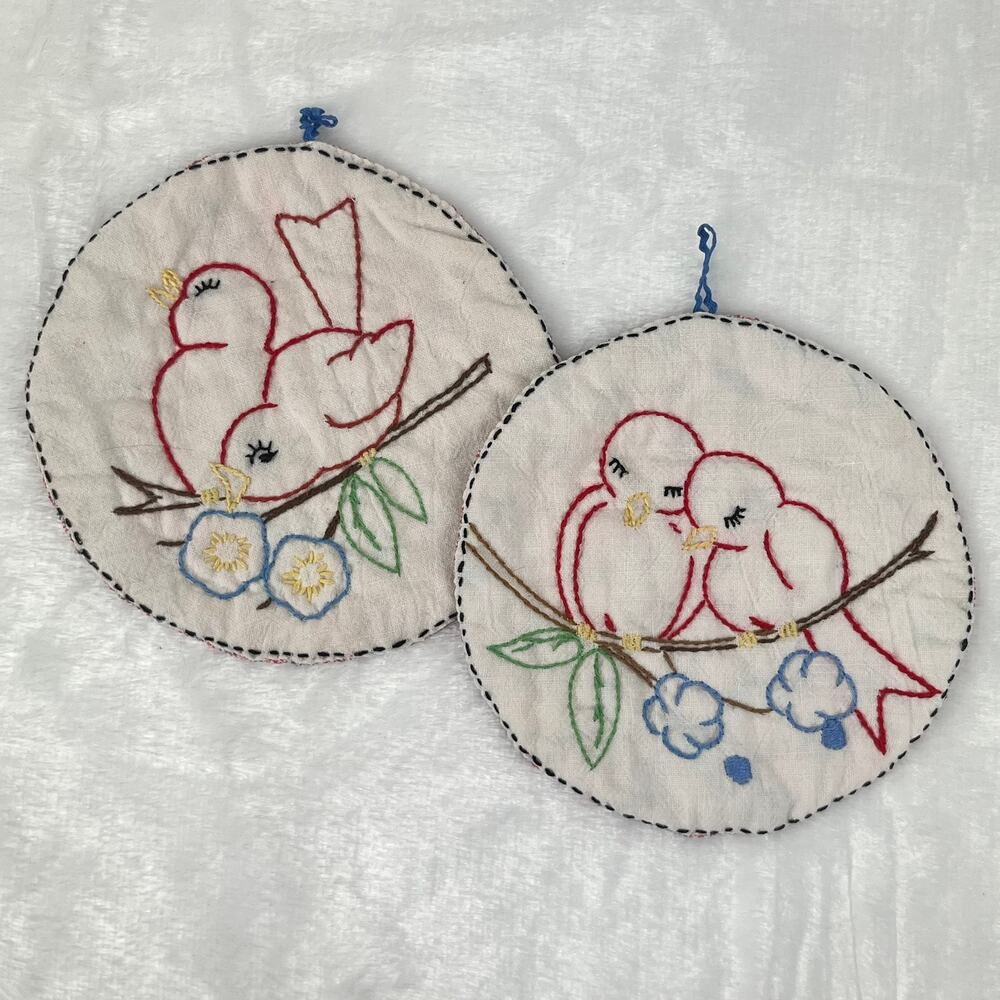 Pair Vintage Hand-Embroidered Bird Pot Holders 1940s 5.5" Round Red Plaid Back